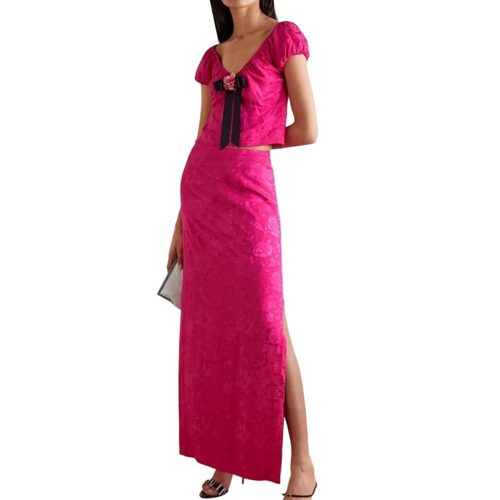 STAUD Saman Pink Floral Jacquard Maxi Skirt and Puff Sleeve Top Set Rosette Bow